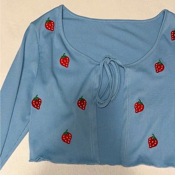 Cute Strawberry print blue cropped tie up ribbed top. Like new - Picture 3 of 3